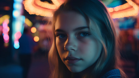 Portrait of a beautiful girl with long hair on the background of colored lightsの素材