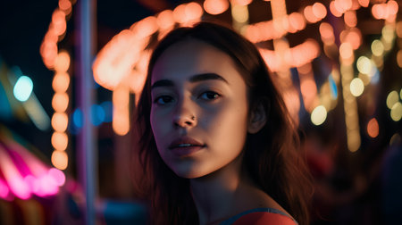 Portrait of a beautiful young girl in the city at night.の素材