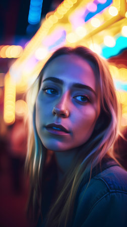 Portrait of a beautiful young woman in a night club on the street.の素材