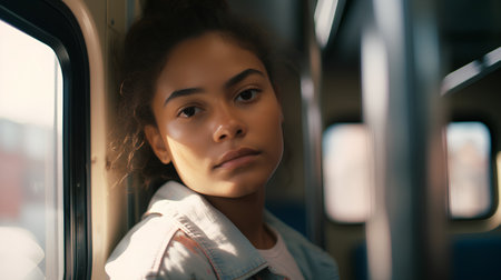 beautiful young african american woman looking at camera in trainの素材