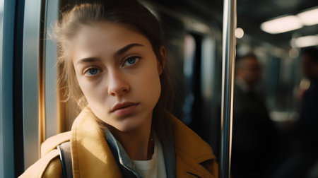 portrait of a young beautiful girl in a yellow coat on the trainの素材