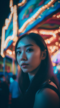 Beautiful asian girl in the amusement park at night, lifestyle conceptの素材