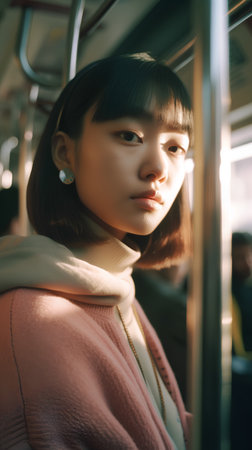 Portrait of a beautiful young asian woman in the train.の素材