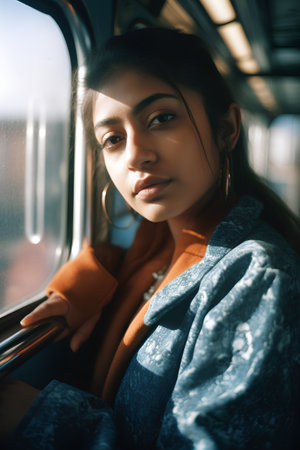 Portrait of a beautiful young woman in a blue coat on a train.の素材