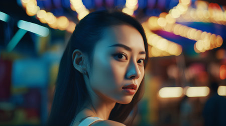 Beautiful asian woman portrait with bokeh background at nightの素材