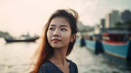 Beautiful asian woman thinking and looking to the side with a boat in the backgroundの素材