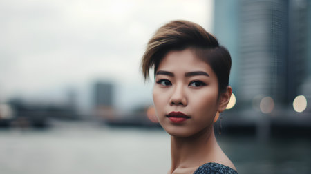 Portrait of beautiful asian woman looking at camera with city backgroundの素材