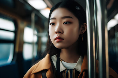 Beautiful young asian woman in a train, lifestyle people conceptの素材