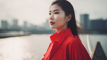 Beautiful asian woman with red shirt in the city, vintage toneの素材