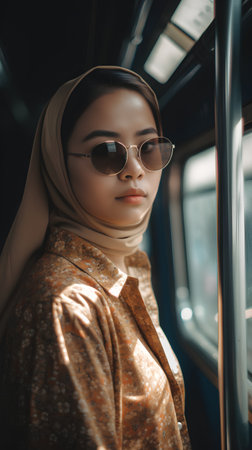 beautiful asian muslim woman wearing hijab and sunglasses in public transportの素材