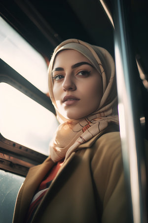 Portrait of a beautiful muslim woman in hijab looking away from the window of a bus.の素材