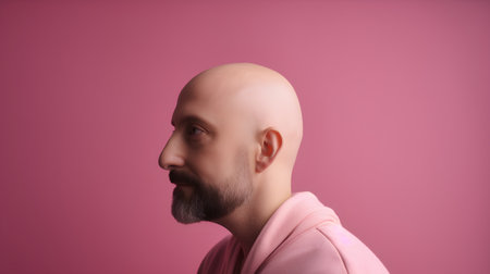 Portrait of a bald man with a beard on a pink backgroundの素材