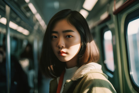 beautiful asian girl in train, vintage tone, travel conceptの素材