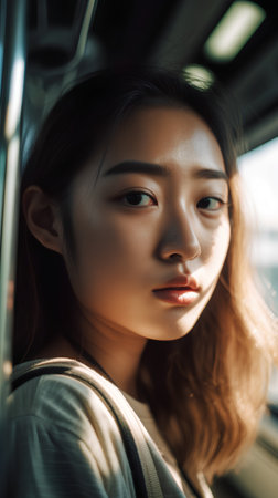 Portrait of a young beautiful asian girl in the car.の素材
