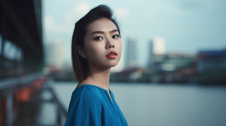 Beautiful asian woman with blue dress in the city, vintage toneの素材