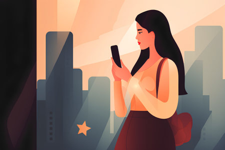 Young woman using smartphone in the city. Vector illustration in flat styleの素材