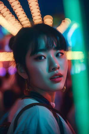 Portrait of a beautiful Asian woman in a night club with neon lights.の素材