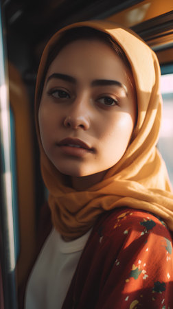 portrait of beautiful muslim woman in hijab looking at camera in trainの素材
