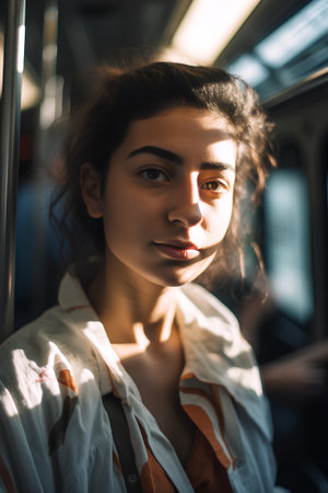Portrait of a beautiful young woman in a train. The girl is looking at the camera.の素材