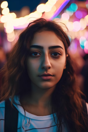 Portrait of a beautiful young woman in the city at night.の素材