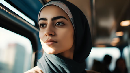 beautiful young muslim woman in hijab looking at camera in trainの素材