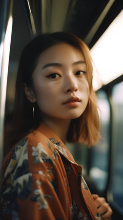 Beautiful asian girl in a bus. Portrait of a beautiful young asian woman.の素材