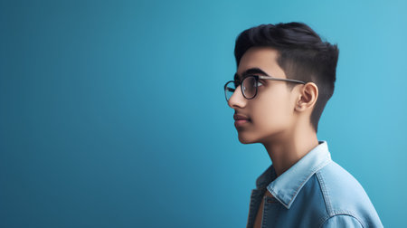 young asian man in eyeglasses looking away isolated on blueの素材