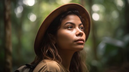 Portrait of a beautiful woman with hat looking away in the forestの素材