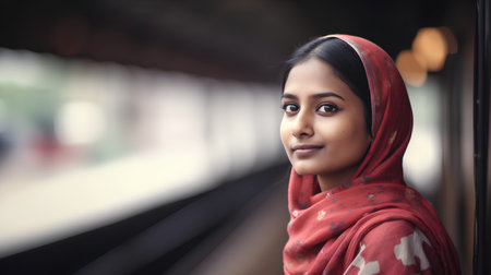 Portrait of a beautiful young muslim woman at the train station.の素材