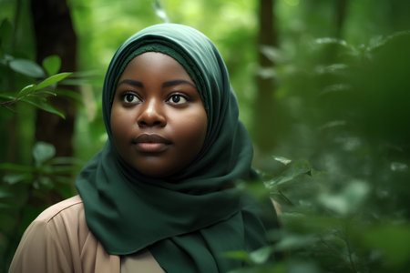 african muslim woman in green hijab looking at camera in forestの素材