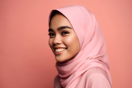 Portrait of beautiful young asian muslim woman with pink hijab.の素材