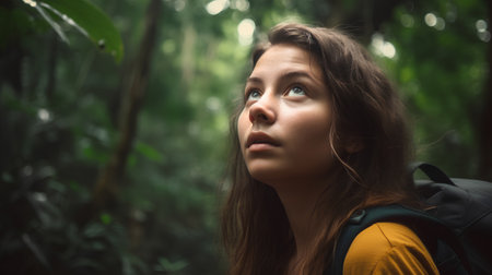 Portrait of a young woman with backpack looking up in forest.の素材