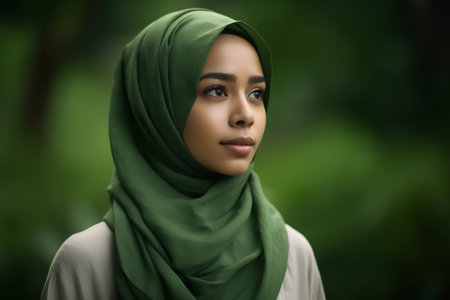 Portrait of beautiful young muslim woman with green hijab looking at cameraの素材