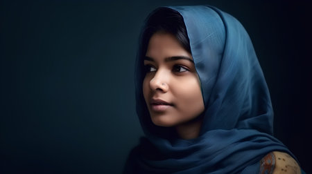 Portrait of a beautiful young muslim woman in blue hijab.の素材