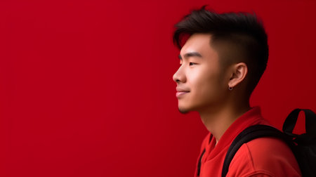 Portrait of a handsome young asian man on a red backgroundの素材
