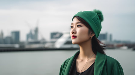 Beautiful asian woman wearing green jacket and hat with city backgroundの素材