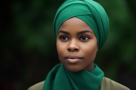 Closeup portrait of beautiful african american woman wearing green hijabの素材