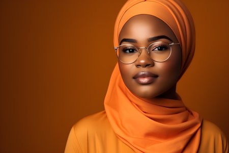 Portrait of a beautiful african muslim woman wearing hijab and glassesの素材