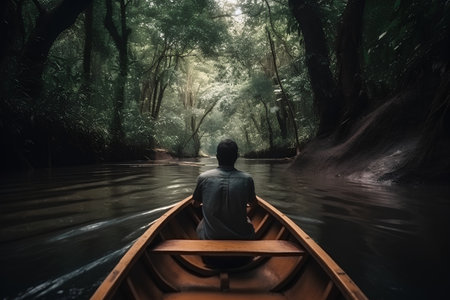 Man sitting in a boat in the middle of the forest, Thailandの素材