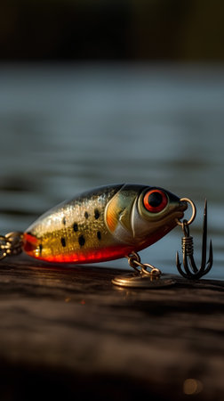 Fishing lure on the wooden pier with blurred background. Shallow DOFの素材