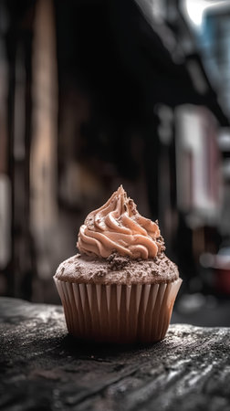 Cupcake with cream on a wooden table. Selective focus.の素材