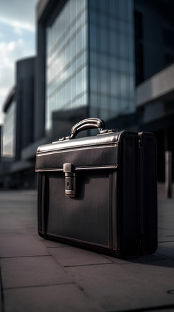 Black leather briefcase on the background of a modern office building.の素材