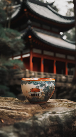Porcelain cup on wooden table with chinese temple backgroundの素材