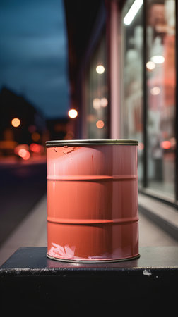 Close up of a red metal barrel on the street at night.の素材