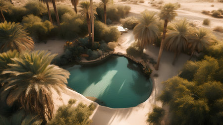 Aerial view of swimming pool in the middle of the desert.の素材