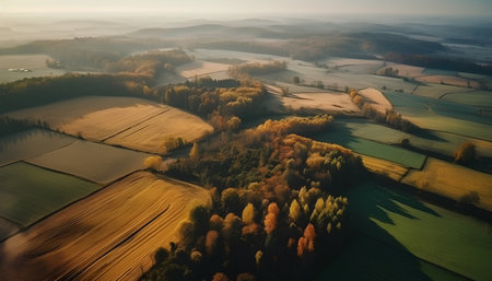 Aerial view of autumnal fields and forests at sunset. Polandの素材