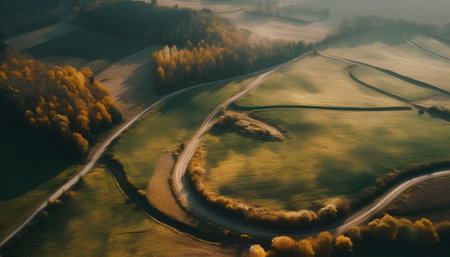 Aerial view of a rural road in the autumn forest in Poland.の素材