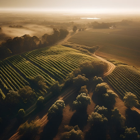 Aerial view of misty agricultural fields in the morning at sunriseの素材