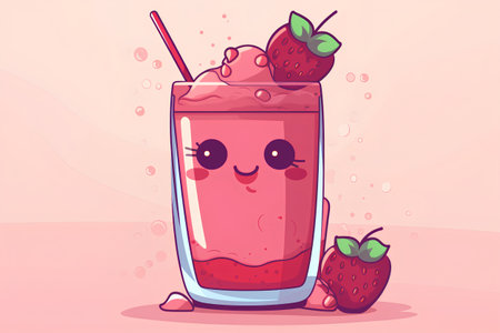 Strawberry smoothie in a glass. Vector cartoon character illustration.の素材