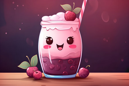 Cute cartoon cherry smoothie in a glass. Vector illustration.の素材